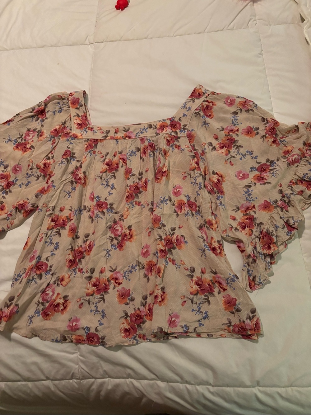 Ces Femme Beige Floral Off-Shoulder Blouse with Pink & Orange Roses